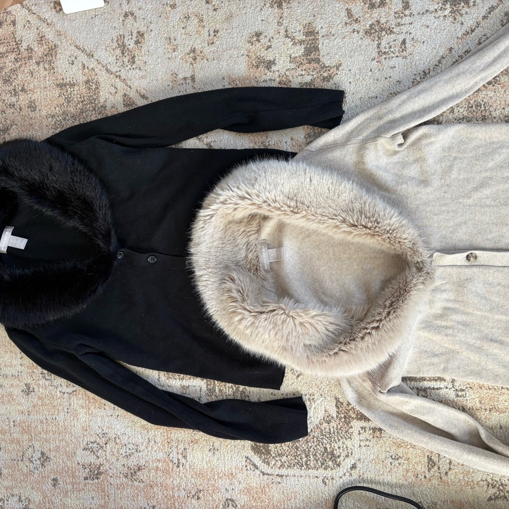 Black and Cream Cardigans with Faux Fur Collars